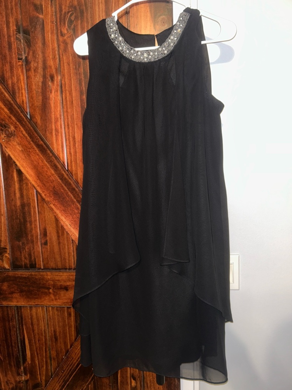 SLNY Black One-Shoulder Beaded Neckline Dress